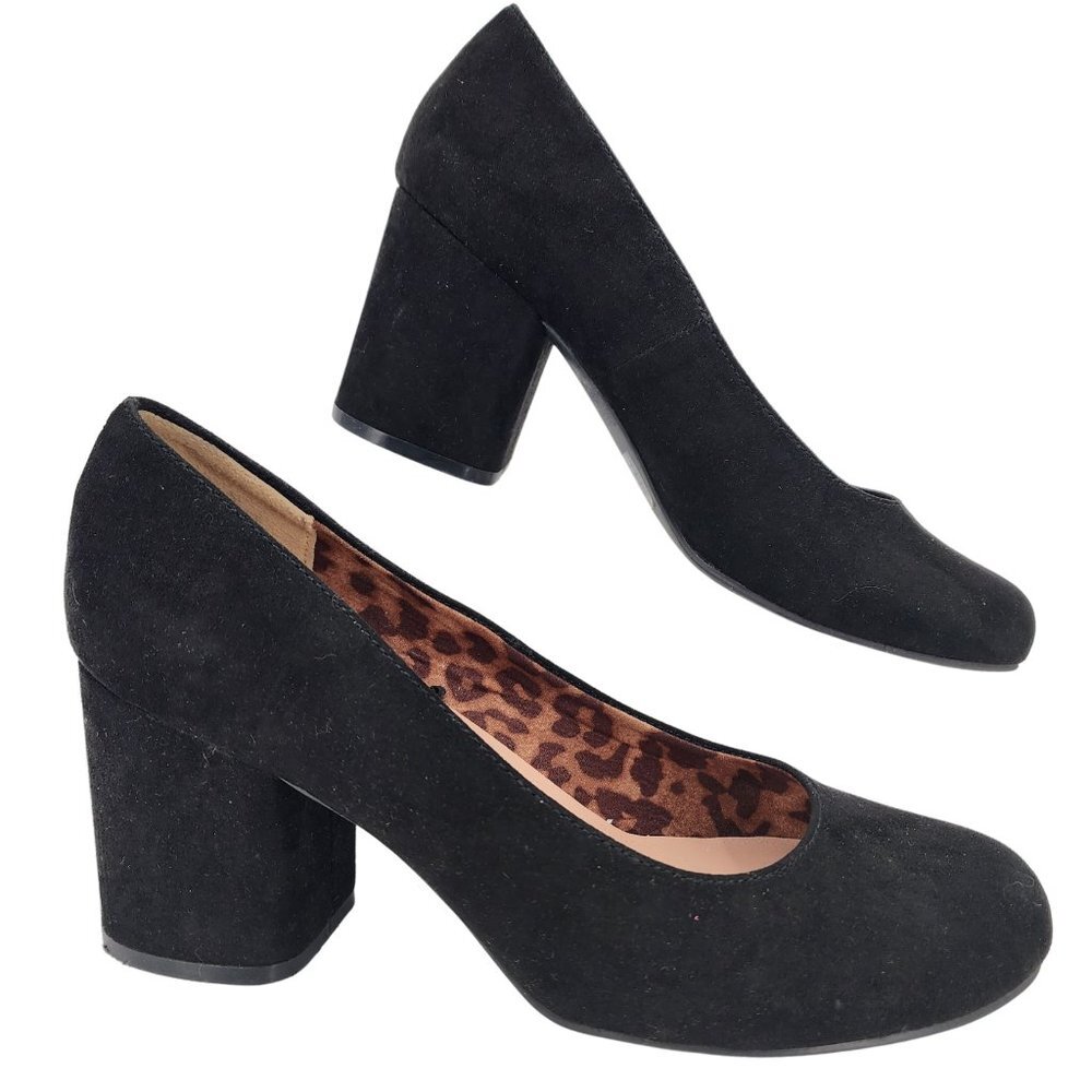 JELLYPOP Ganlotto‎ Black Faux Suede Round Toe Comfort Insole Block Heel Pumps 8